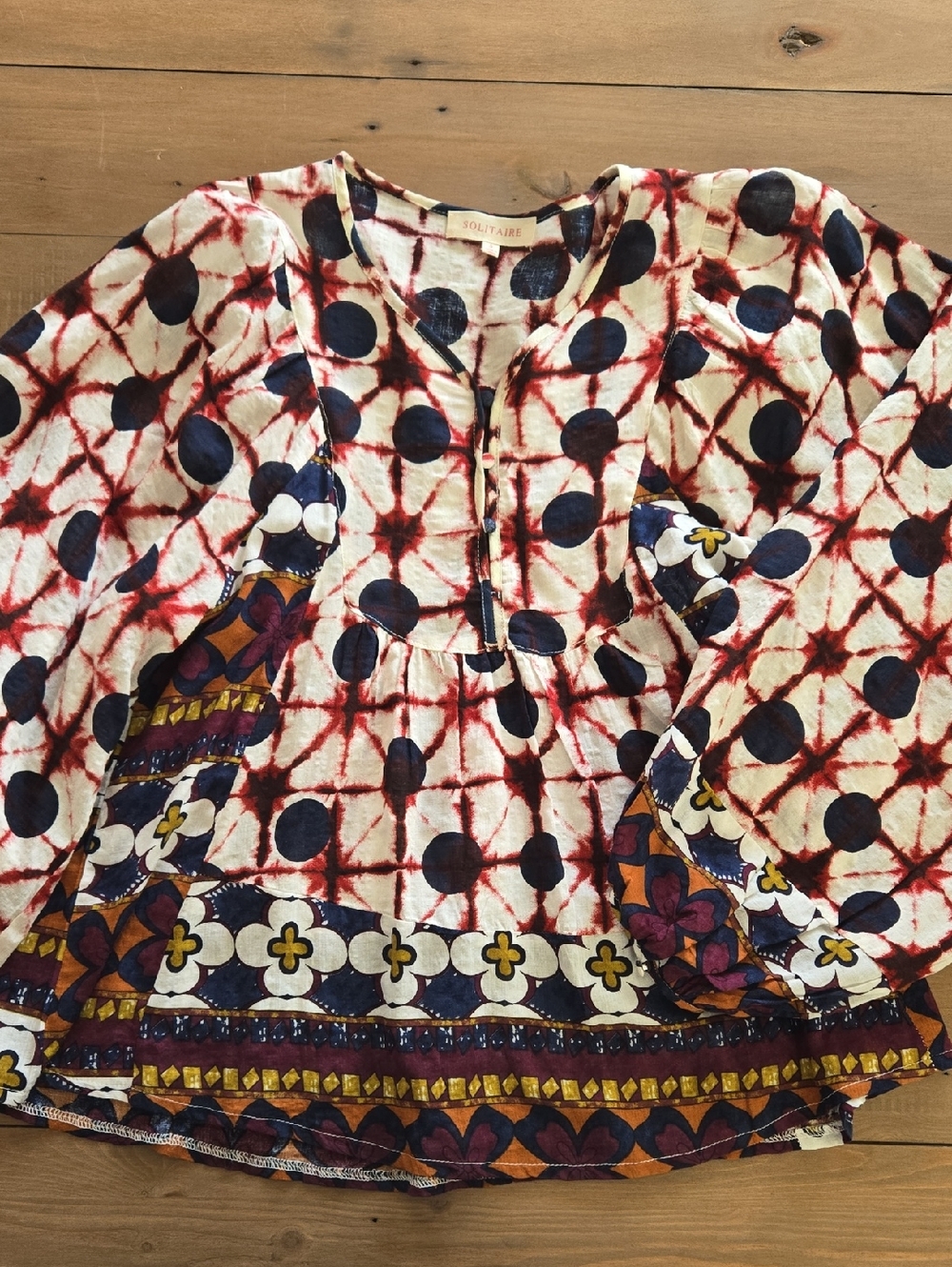 Solitaire Printed Peasant Blouse in Cream, Navy & Rust